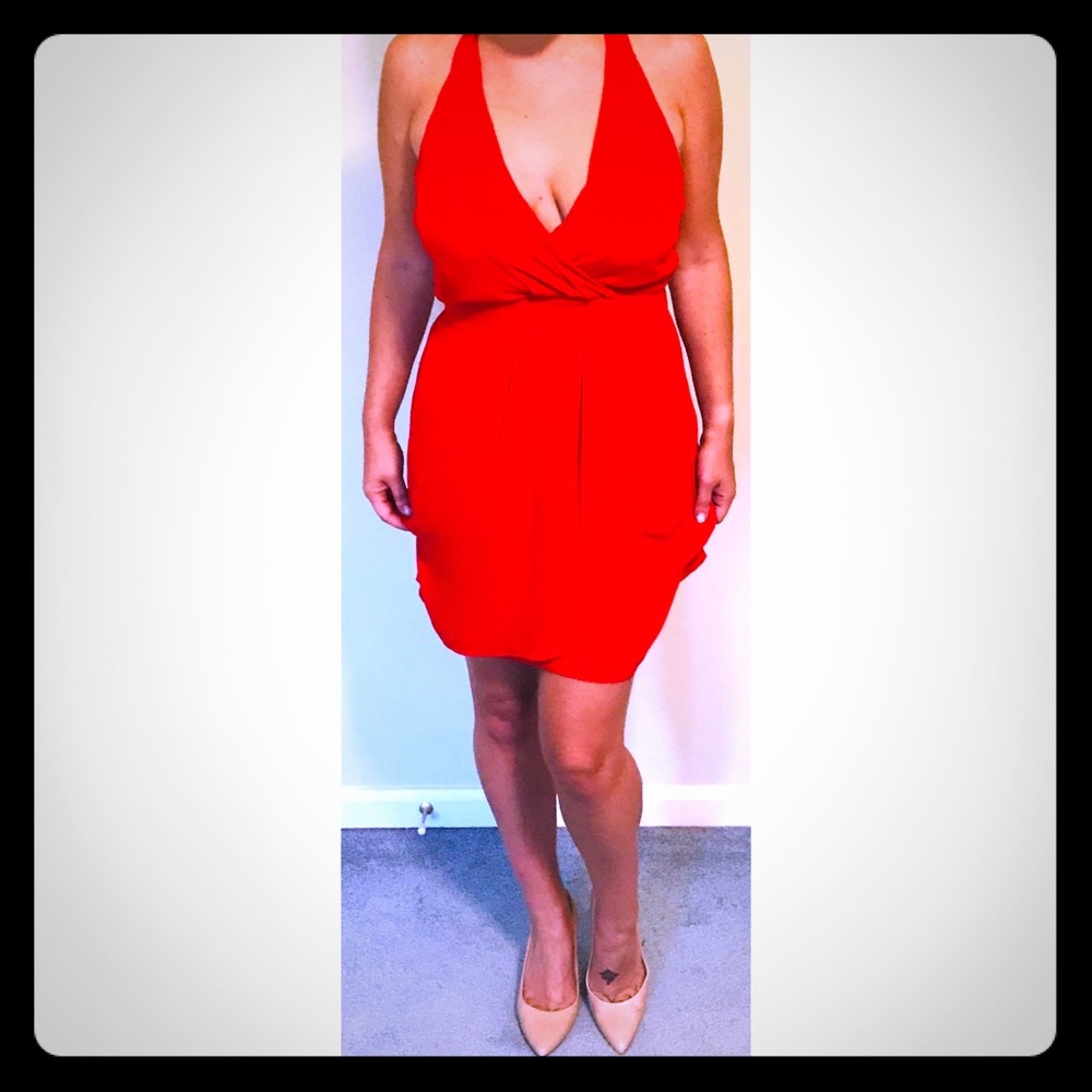 Bold Red, Empire, Mid Knee Length Dress